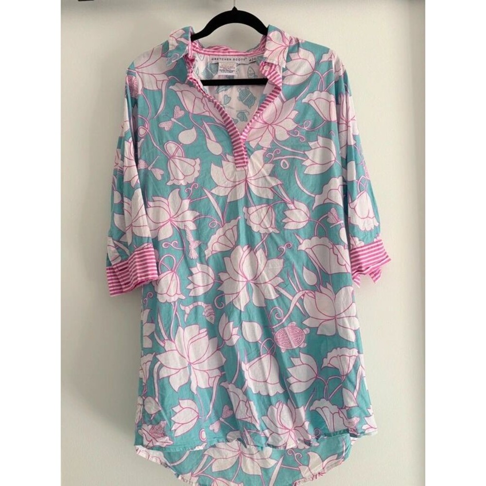 Gretchen Scott Cotton Tunic Dress - Turquoise & Pink Lotus Turtle Print